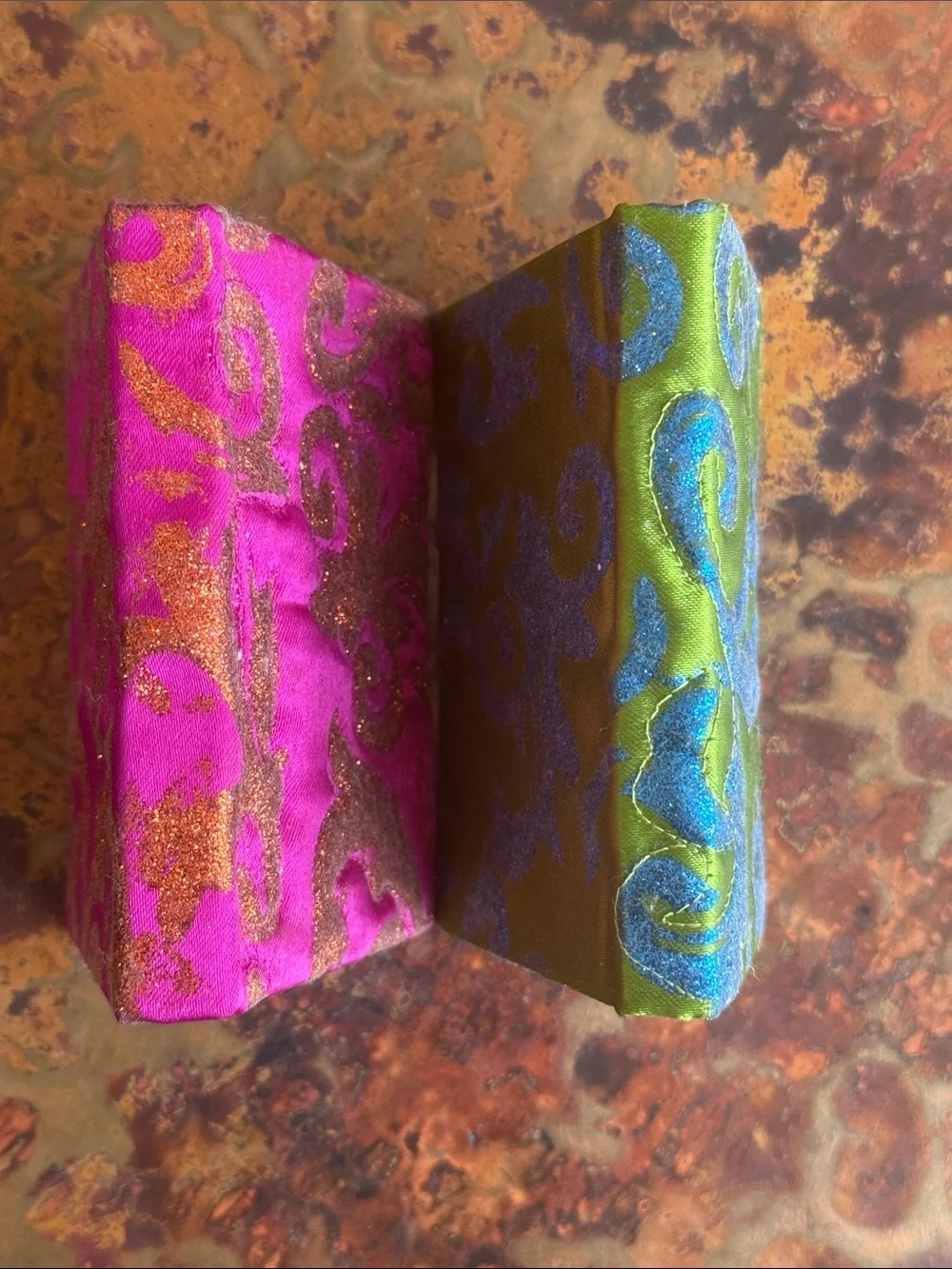 (2) Mini Decorative Satin JournalsLime Green Blue Glitter, Pink Orange Glitter